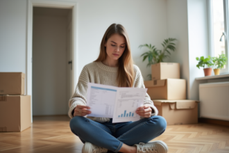 Jeune femme dans un appartement en planches, vérifiant un budget