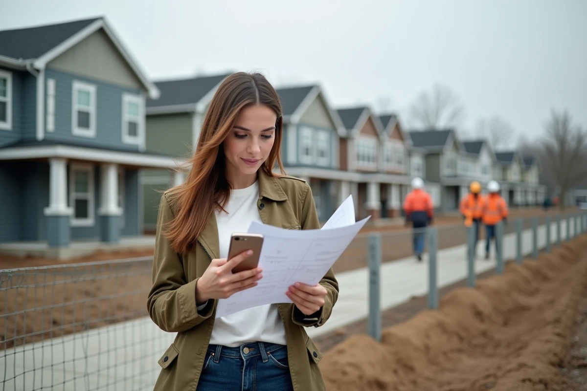 Jeune femme vérifie des plans de construction sur un site urbain