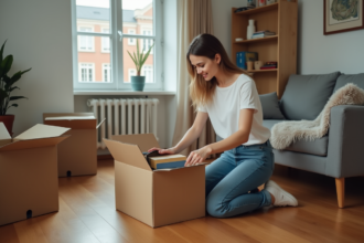 Jeune femme déballant une boxe dans un salon cosy