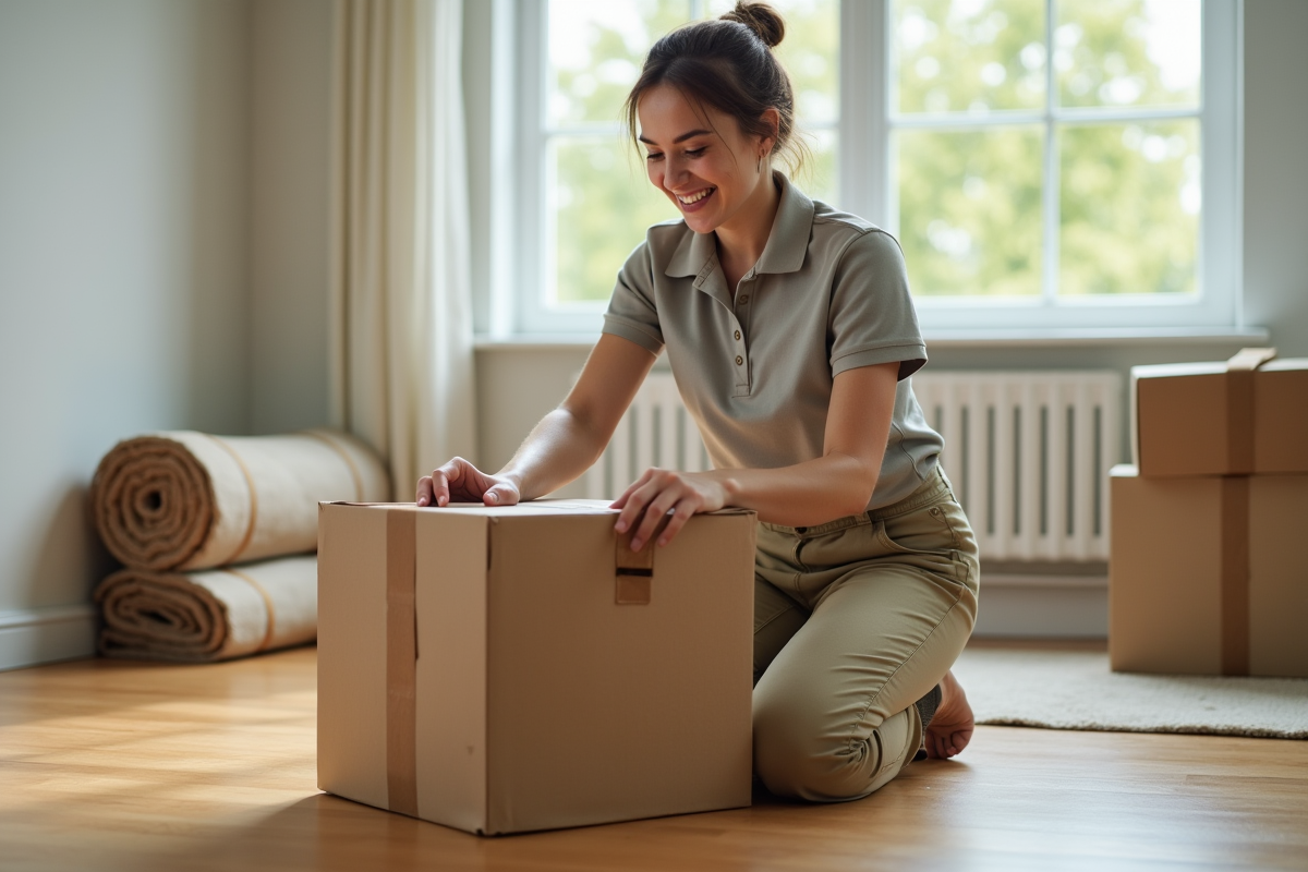 Jeune femme plie une boîte dans un salon moderne