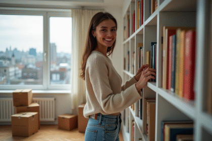 Jeune femme organise des livres dans un appartement neuf