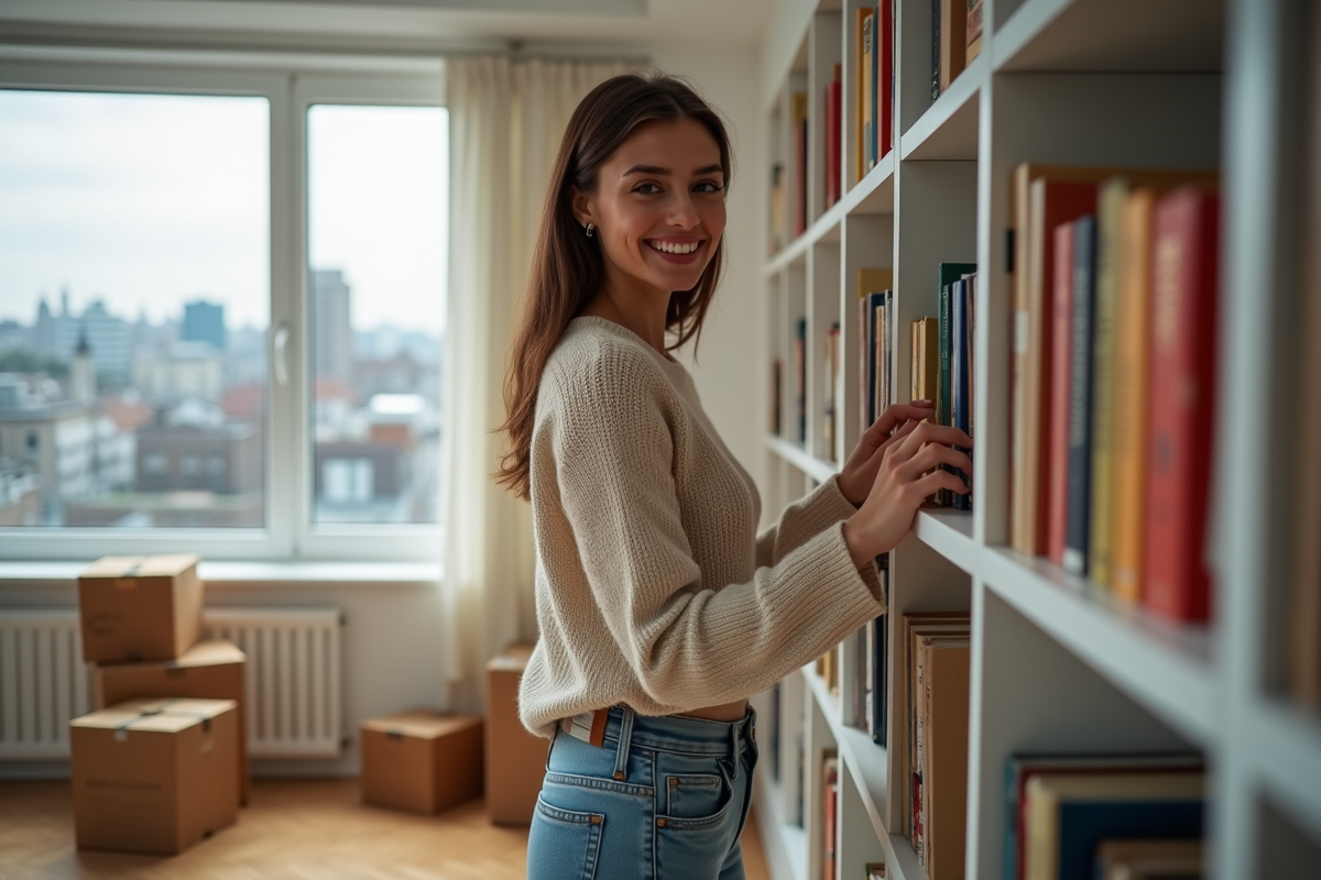 Jeune femme organise des livres dans un appartement neuf