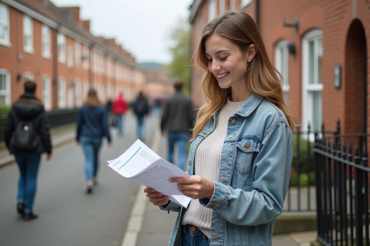 Jeune femme examine des rapports immobiliers dans la rue