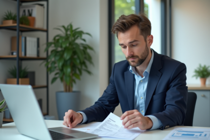 Jeune homme d'affaires en costume dans un bureau moderne