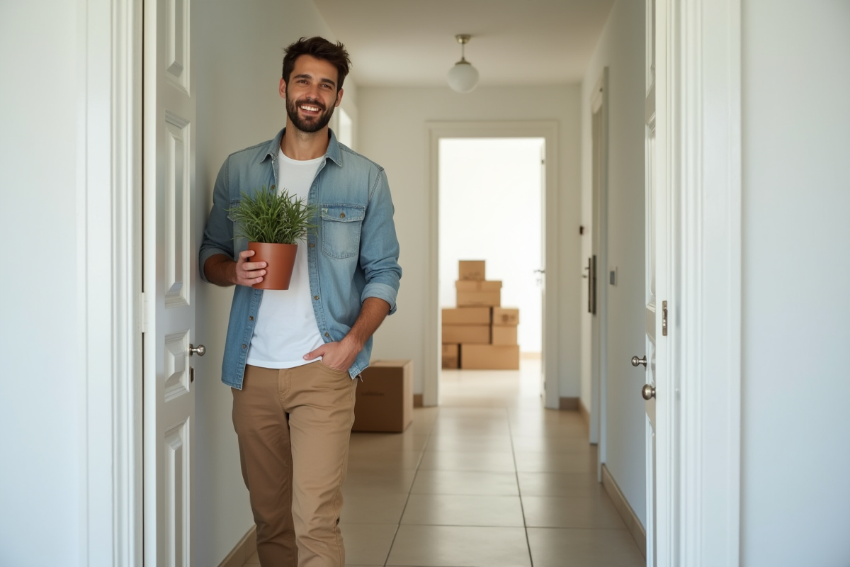 Jeune homme souriant entrant dans un couloir neuf