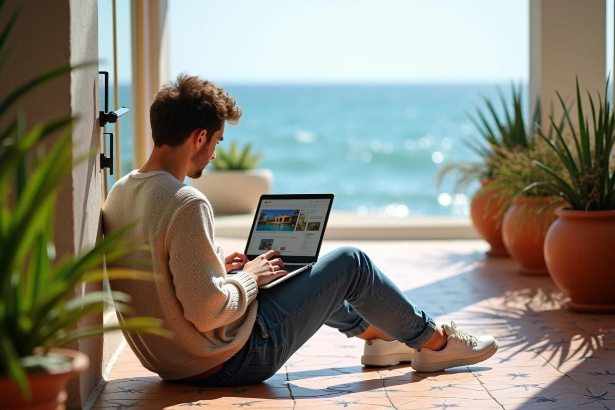 Jeune homme en jeans sur patio regardant des annonces immobilières