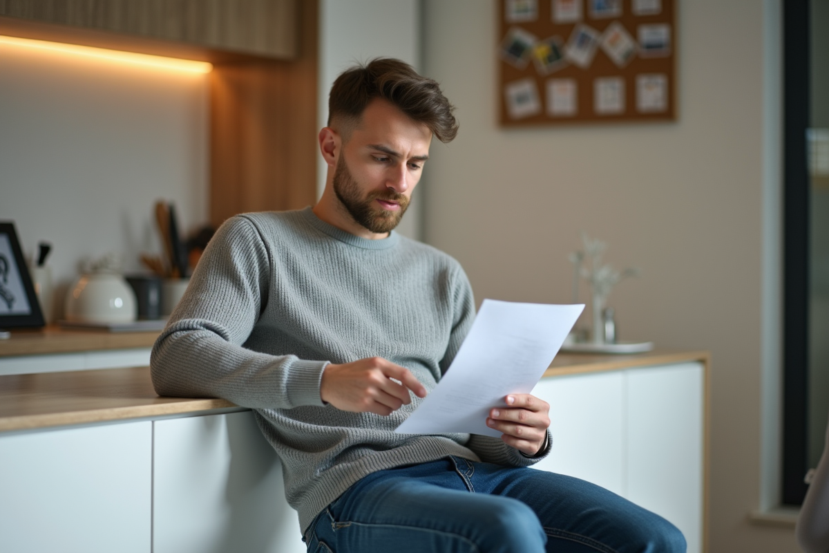 Jeune homme vérifiant un contrat dans une cuisine moderne