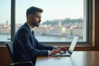 Jeune homme en costume dans un bureau lyonnais moderne