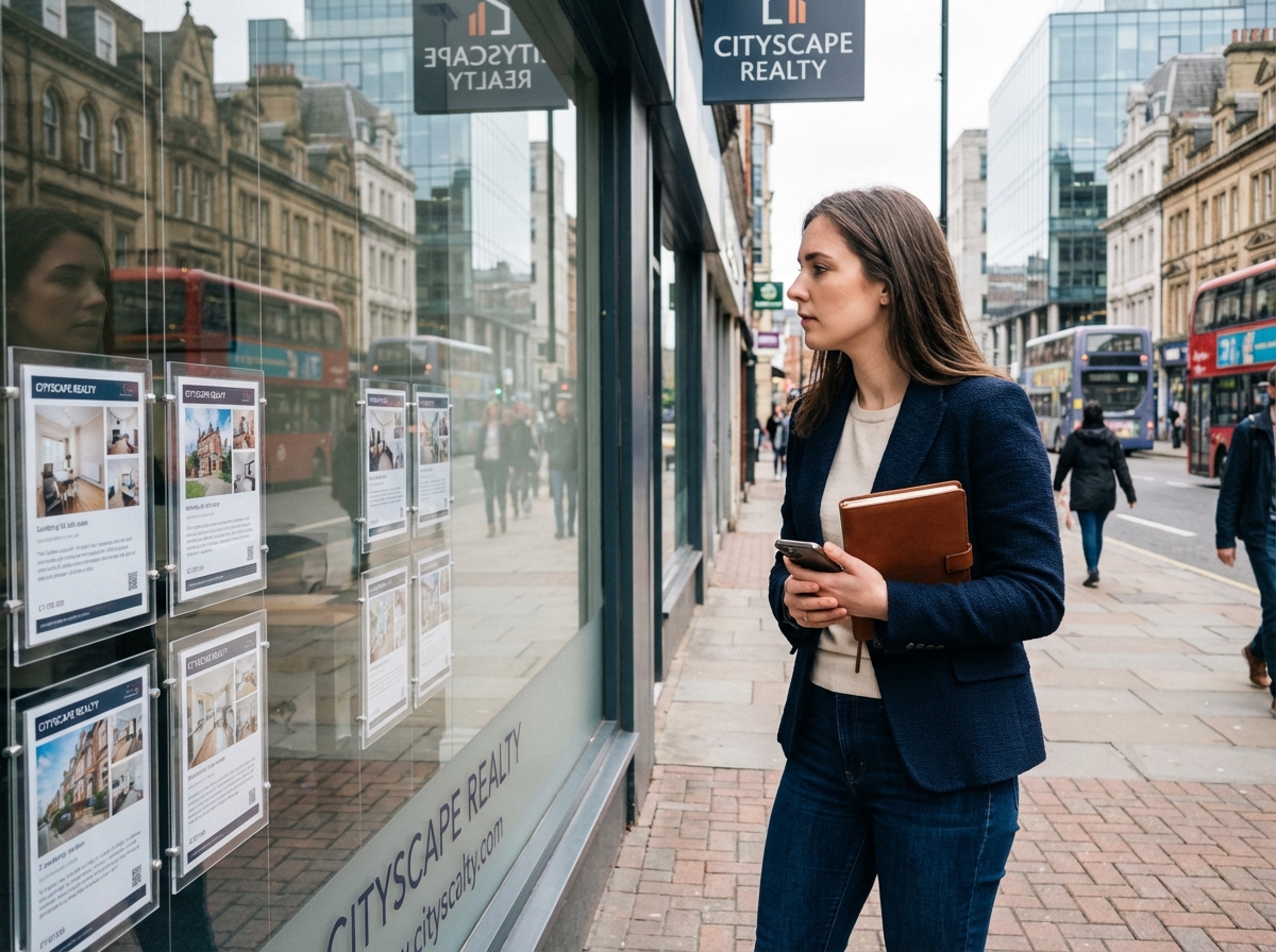 Jeune femme professionnelle regardant une vitrine immobiliere