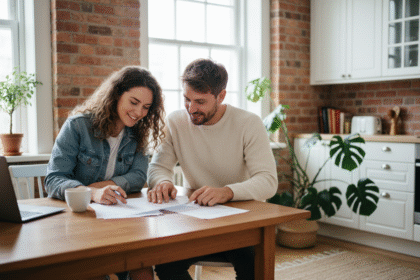 Jeunes adultes discutant de location dans un appartement moderne