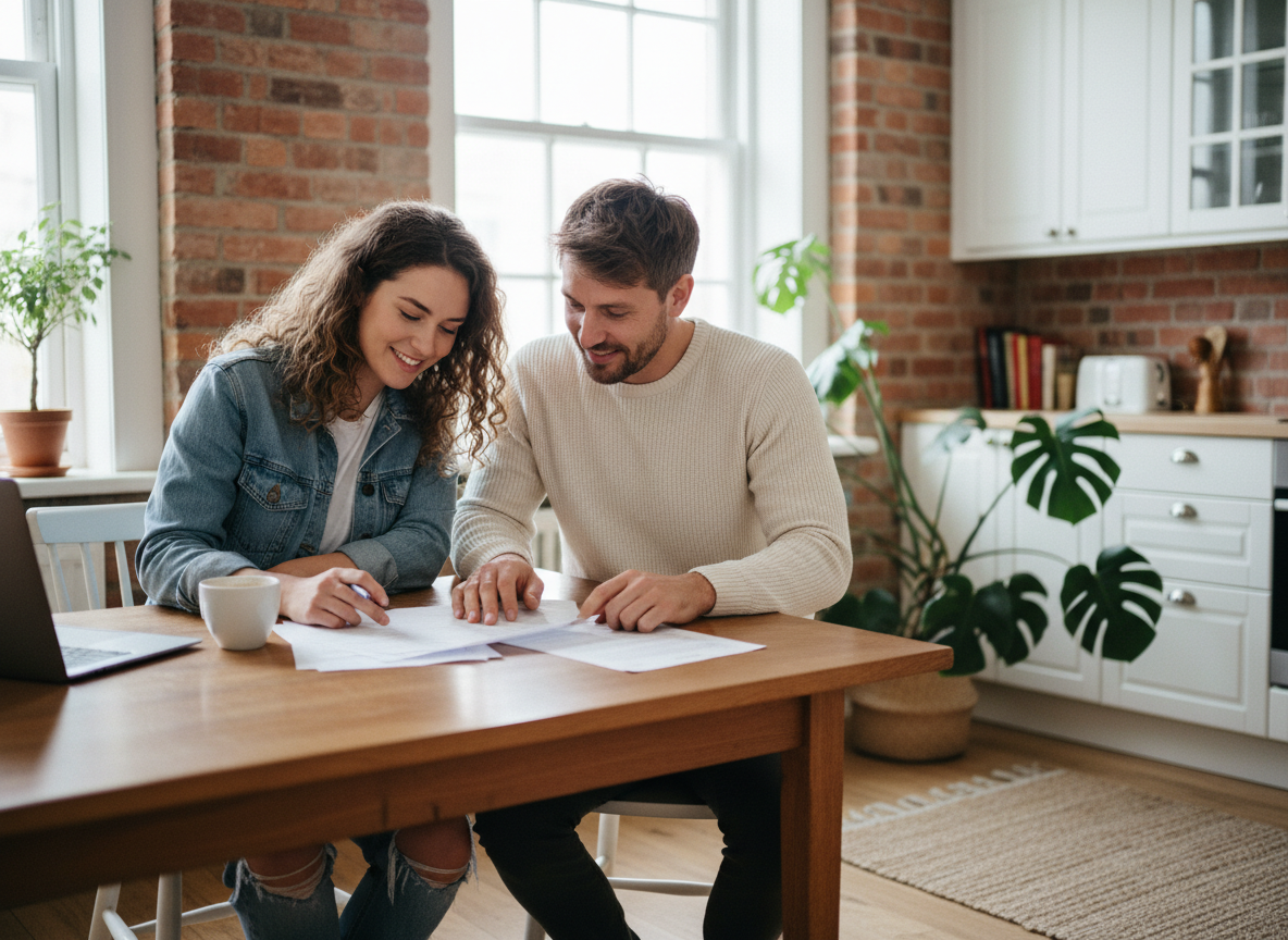 Jeunes adultes discutant de location dans un appartement moderne