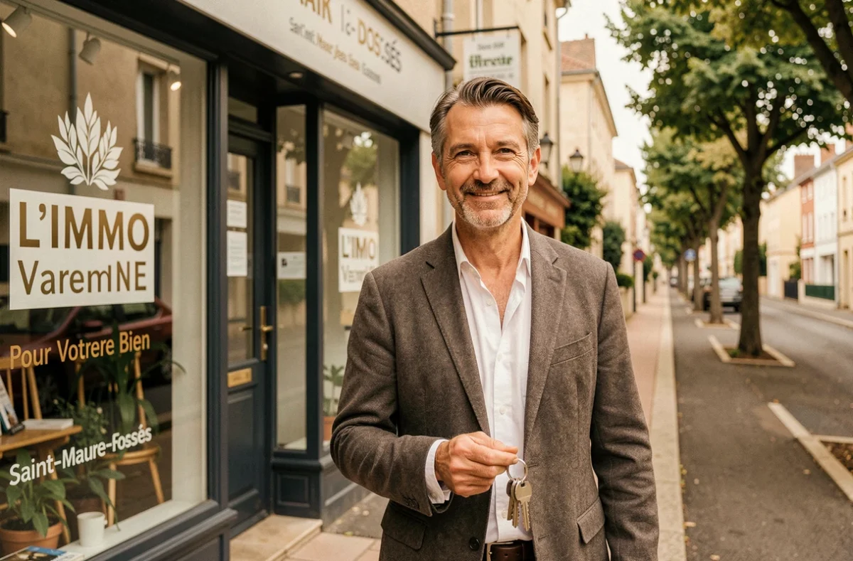 Agent immobilier de L'Immo Varenne Pour Votre Bien tenant des clés devant l'agence dans une rue résidentielle de Saint-Maur-des-Fossés