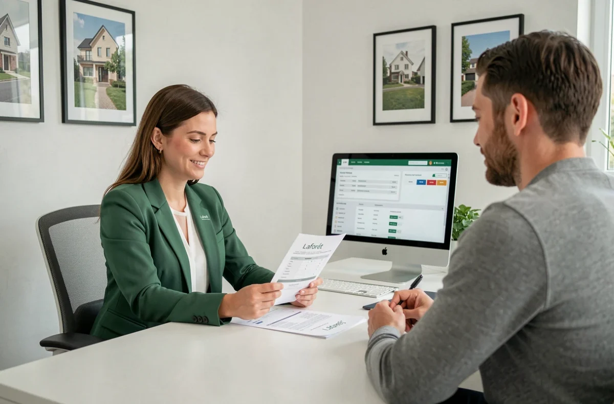 Conseillère Laforêt en blazer vert expliquant un contrat de gestion locative à un couple dans une agence du Val-de-Marne