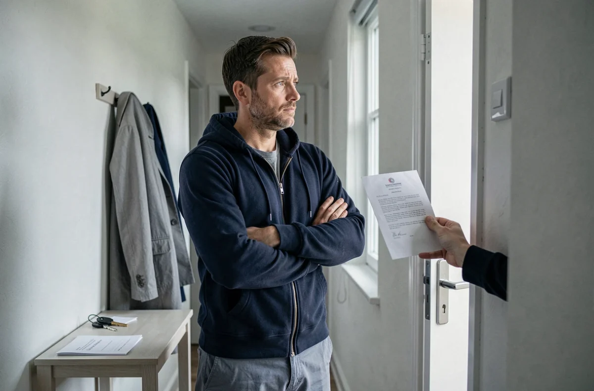Locataire en préavis recevant un courrier officiel à la porte de son appartement occupé