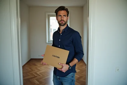 Locataire tenant une enveloppe de caution dans l'embrasure d'un appartement vide après son départ