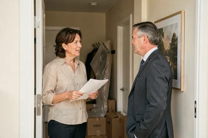 Locataire en période de préavis ouvrant la porte à un agent immobilier dans un couloir avec des cartons de déménagement