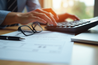 Main tenant une calculatrice sur un contrat de prêt immobilier