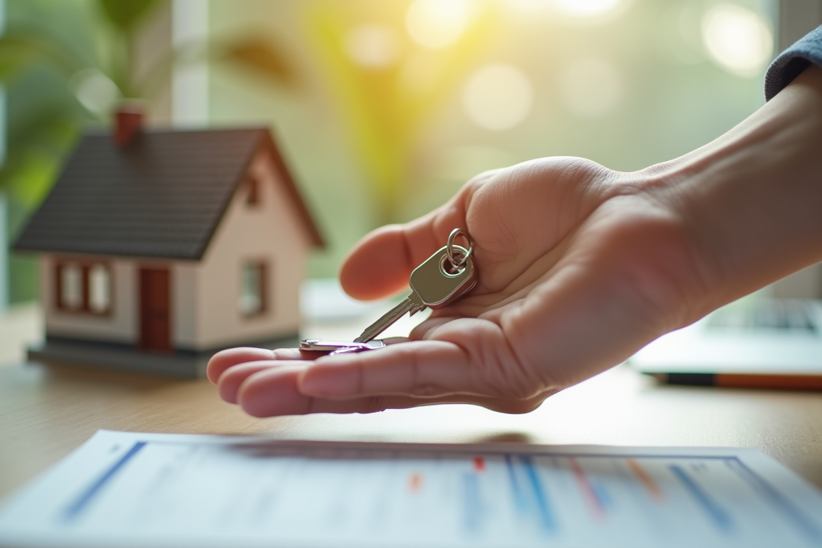 Main tendant une maquette de maison avec clés et contrat de prêt immobilier