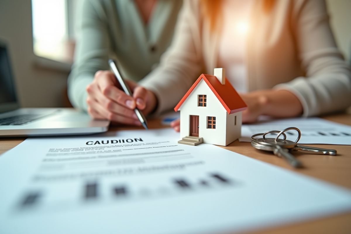 Mains tenant une maison miniature et clés avec document caution