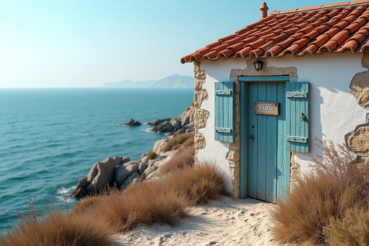 Petite maison de pêcheur à vendre avec vue mer, volets bleus et murs en pierre blanchie sur la côte