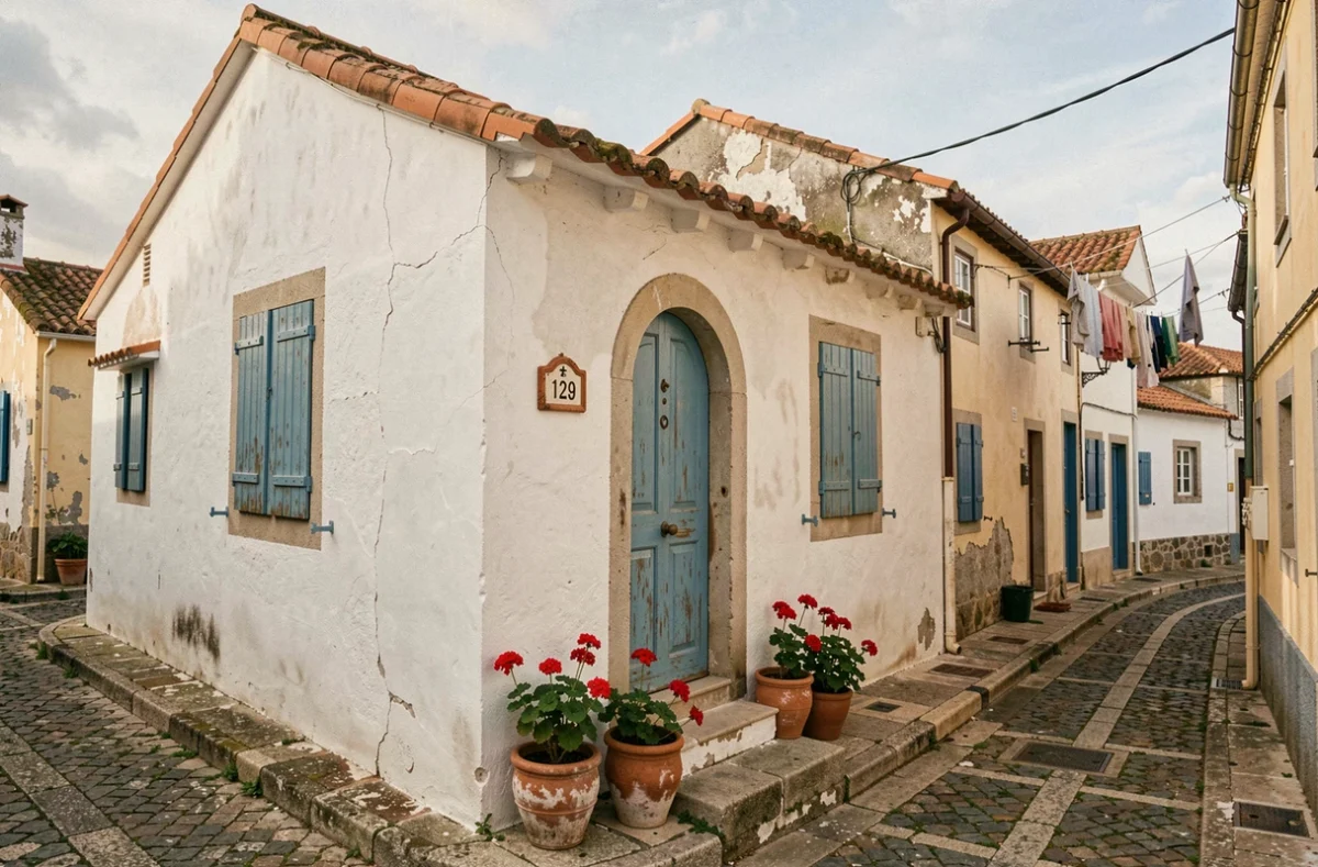 Petite maison de pêcheur traditionnelle au Portugal avec façade blanchie à la chaux et volets bleus sur une ruelle côtière pavée