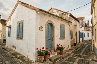 Petite maison de pêcheur traditionnelle au Portugal avec façade blanchie à la chaux et volets bleus sur une ruelle côtière pavée