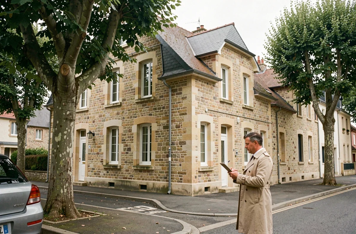 Agent immobilier évaluant une maison rénovée pour estimer le forfait travaux déductible de la plus-value successorale