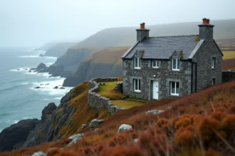 Maison en pierre bretonne avec vue sur l'Atlantique depuis une falaise sauvage en Bretagne
