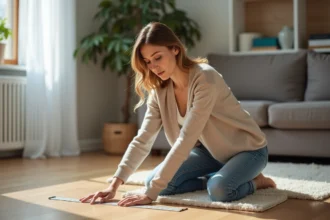 Femme mesurant son salon avec un ruban de mesure