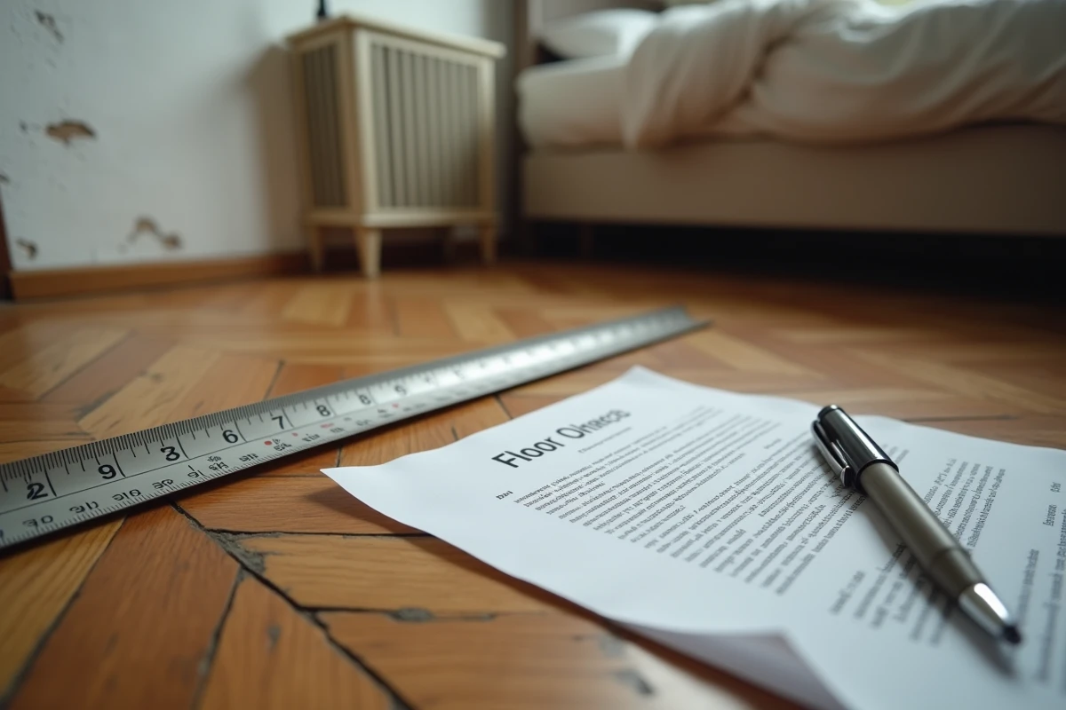 Gros plan d'un mètre ruban mesurant la superficie d'une petite chambre locative inférieure à 9m2 avec des documents juridiques posés au sol