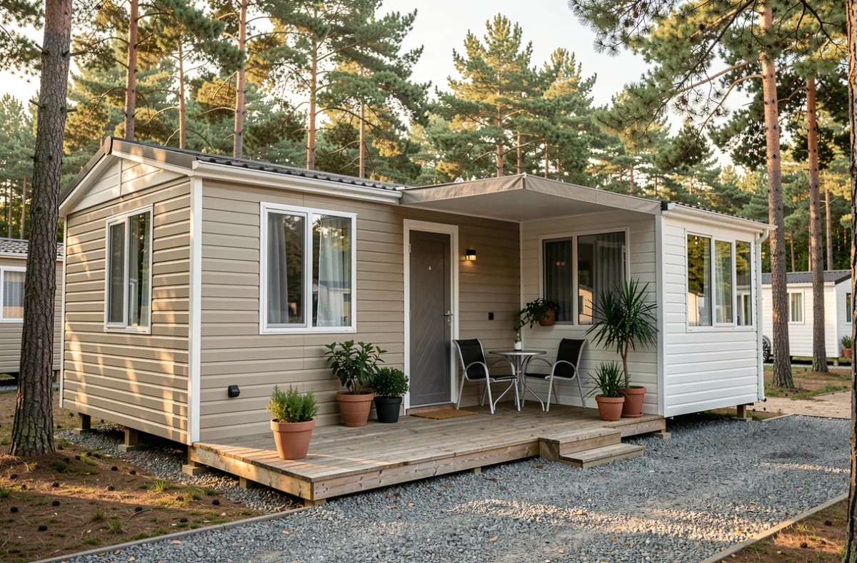 Mobil home occasion bien entretenu dans un camping ouvert à l'année avec terrasse en bois et environnement naturel de pins