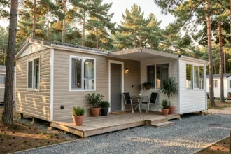 Mobil home occasion bien entretenu dans un camping ouvert à l'année avec terrasse en bois et environnement naturel de pins