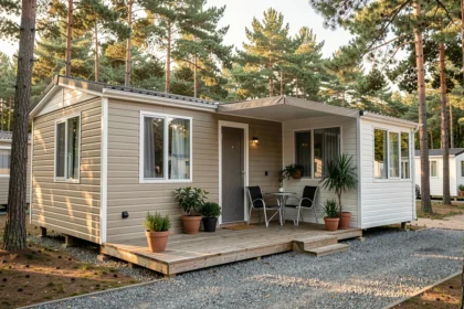 Mobil home occasion bien entretenu dans un camping ouvert à l'année avec terrasse en bois et environnement naturel de pins