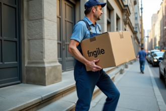 Homme en bleu portant une caisse fragile dans la ville