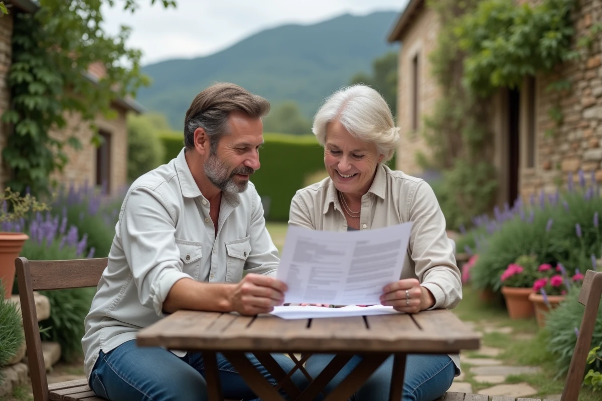 Couple négociant un contrat de location d'une petite maison avec jardin dans les Hautes-Pyrénées