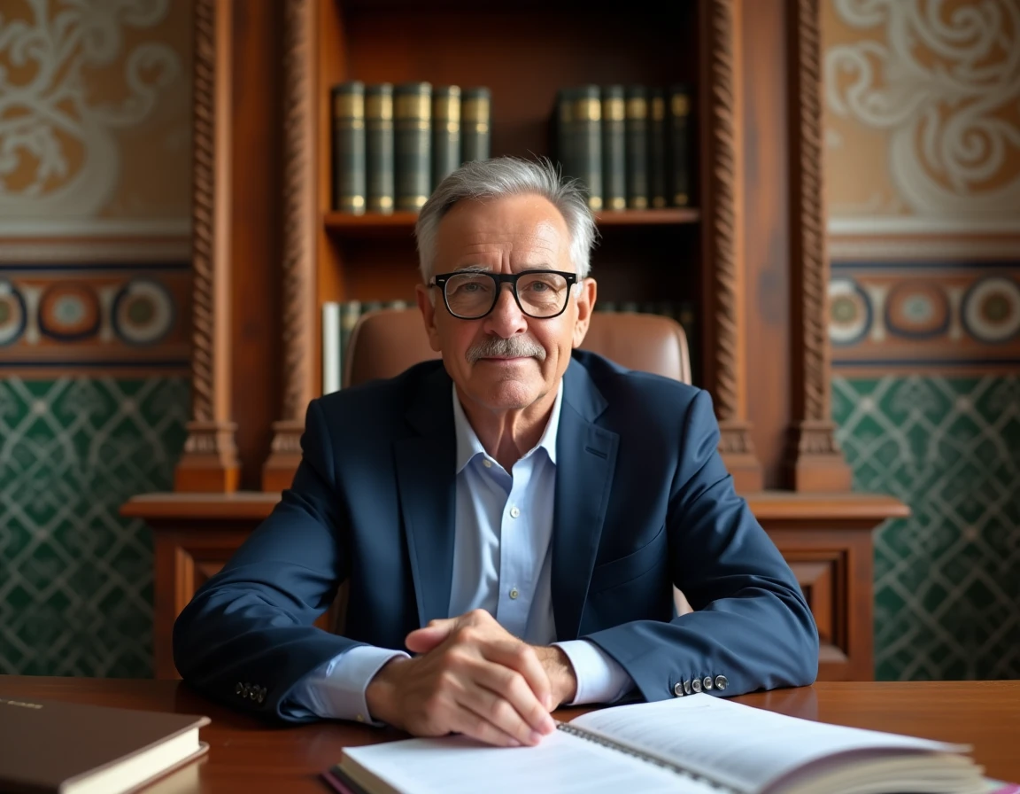 Notaire marocain examinant des documents juridiques pour l'achat d'un riad à Marrakech dans un bureau traditionnel orné de zellige