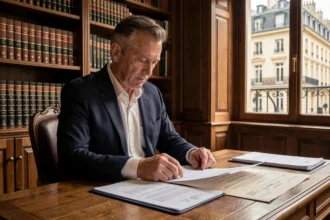 Notaire examinant des documents de démembrement de propriété dans un bureau juridique traditionnel