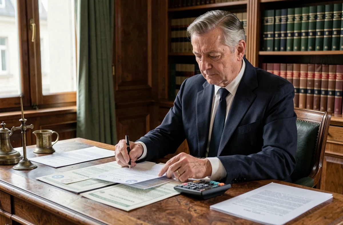 Notaire examinant des documents immobiliers liés à un héritage et une plus-value de cession dans un bureau traditionnel