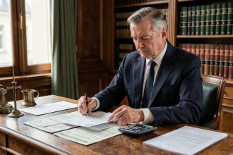 Notaire examinant des documents immobiliers liés à un héritage et une plus-value de cession dans un bureau traditionnel
