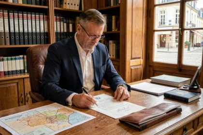 Notaire examinant des documents officiels pour un achat de terrain à construire dans son étude