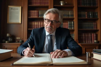 Notaire examinant un dossier de rachat de parts en indivision dans son étude, entouré de documents juridiques et de registres officiels