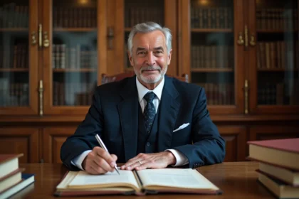 Notaire à Limoges examinant des documents officiels de succession immobilière dans son bureau traditionnel