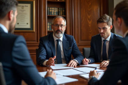 Notaire français en costume dans son bureau professionnel