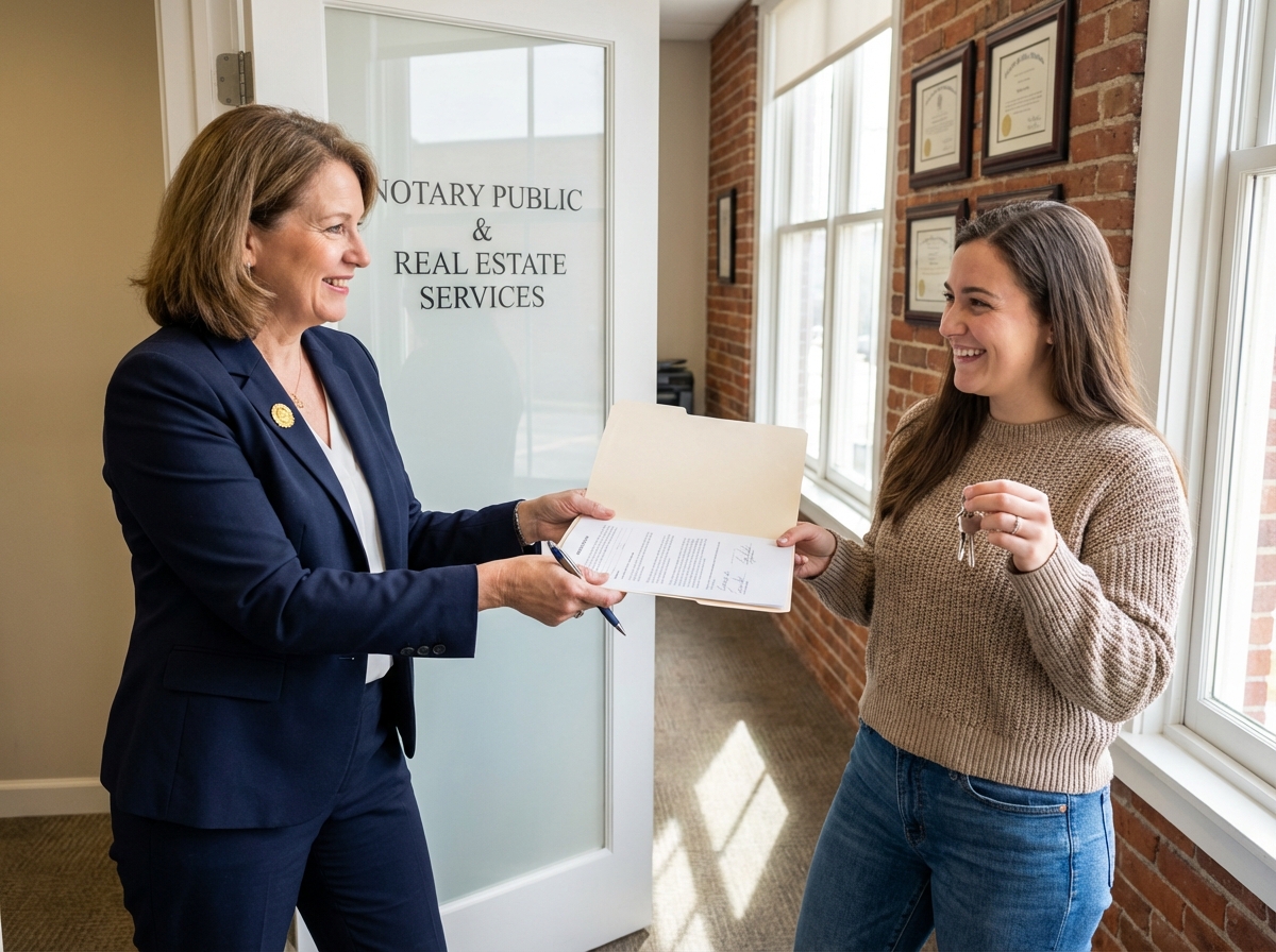 Notaire confiante remettant documents à acheteur heureux