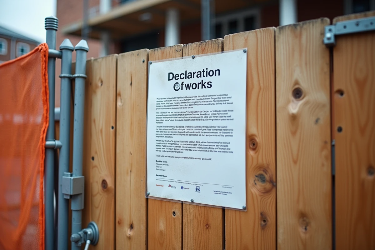 Panneau de déclaration de travaux affiché sur une clôture de chantier urbain