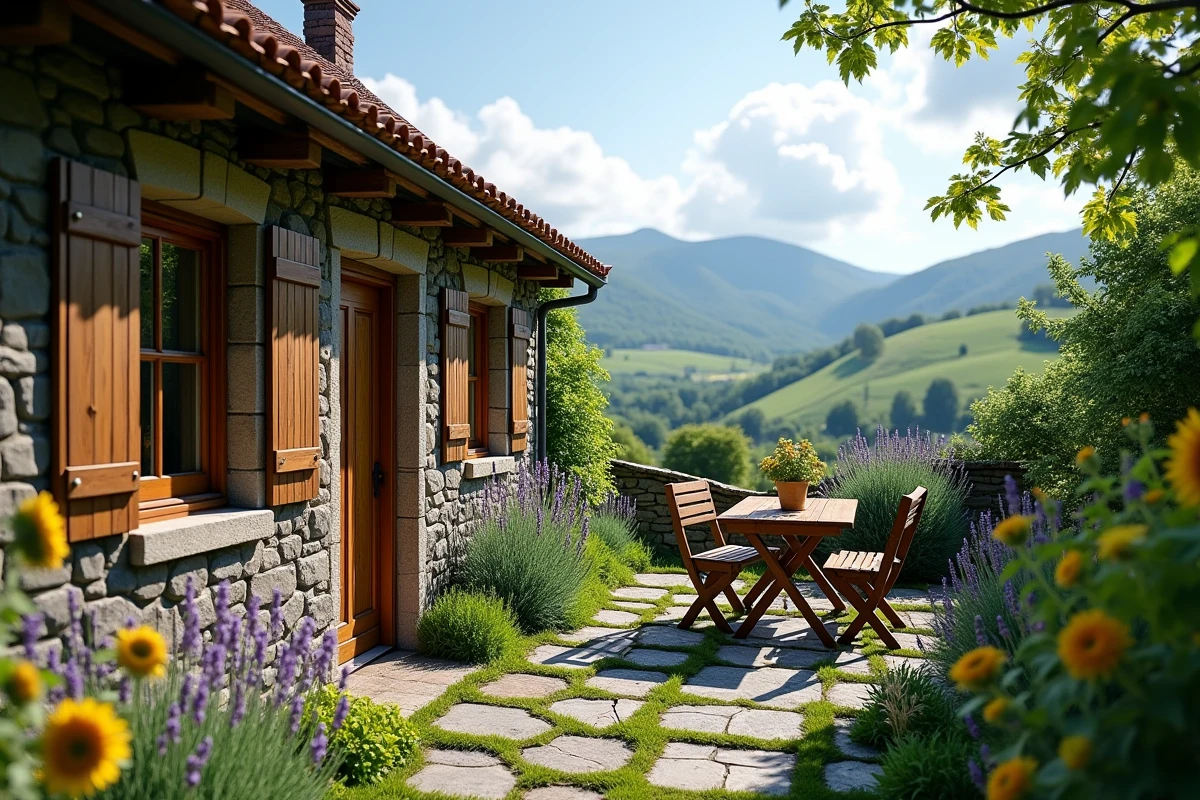 Petite maison en pierre avec jardin fleuri en Auvergne, Puy-de-Dôme, entourée de collines volcaniques vertes