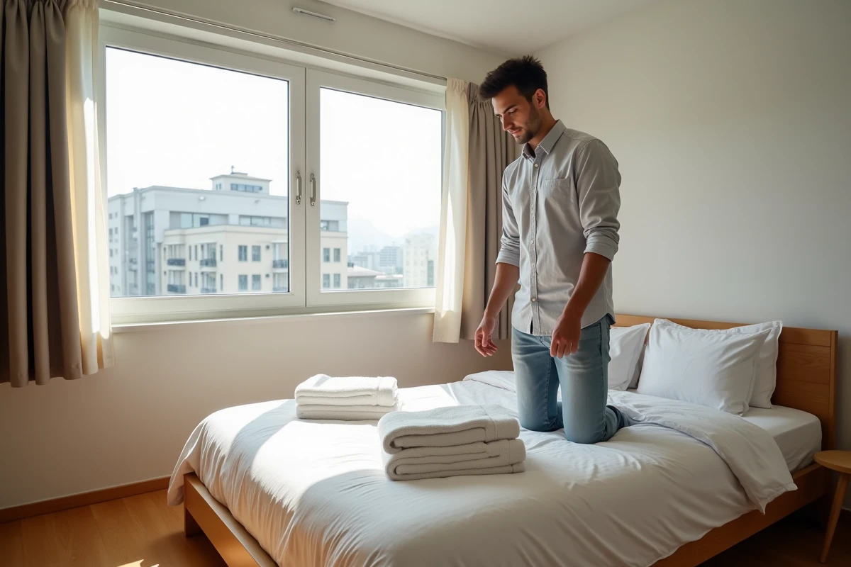 Jeune homme disposant des serviettes dans une chambre lumineuse