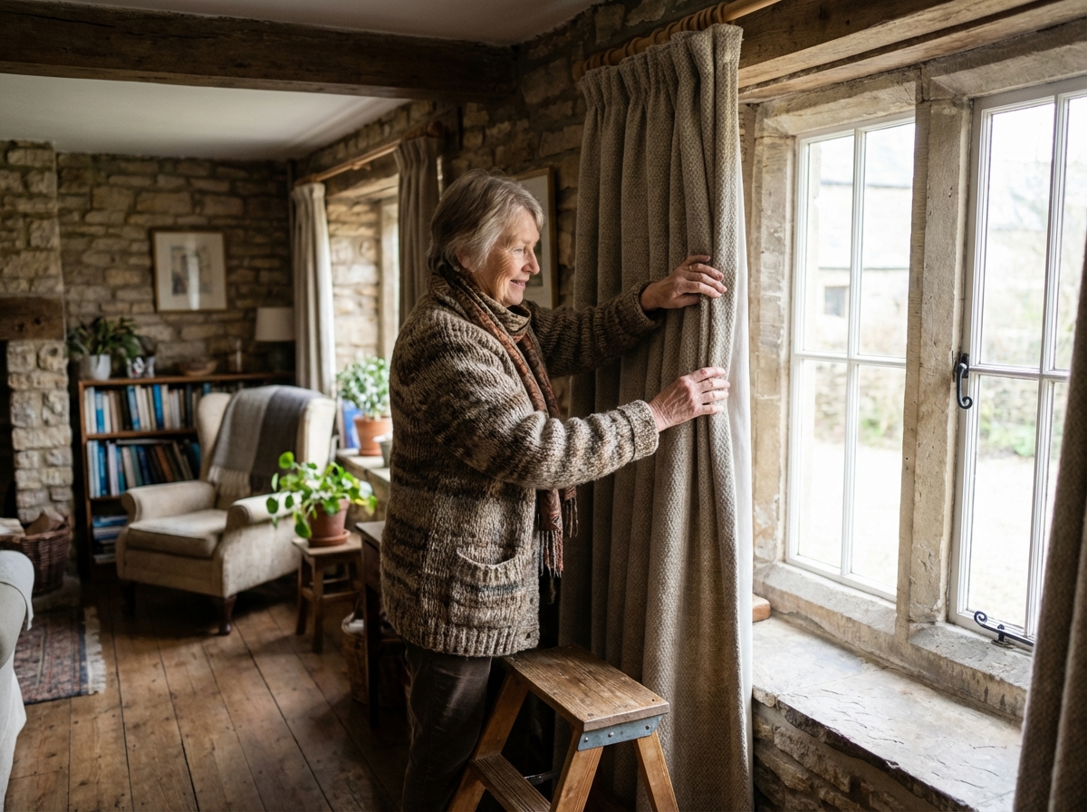 Femme agee installant un rideau thermique sur une grande fenetre
