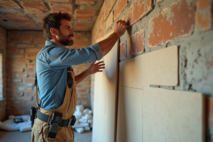 Homme appliquant des panneaux d'isolation intérieure dans une pièce en rénovation