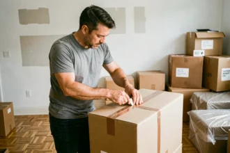 Homme préparant des cartons de déménagement dans un appartement vide avant un départ vers Chalon-sur-Saône ou Mâcon